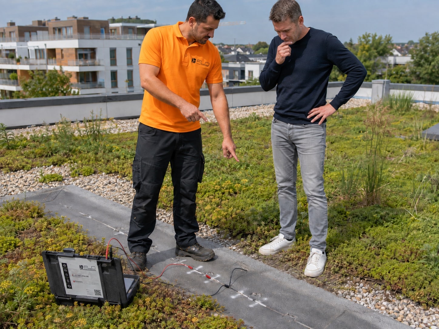 Technik FLO při lokalizaci netěsnosti na ploché střeše