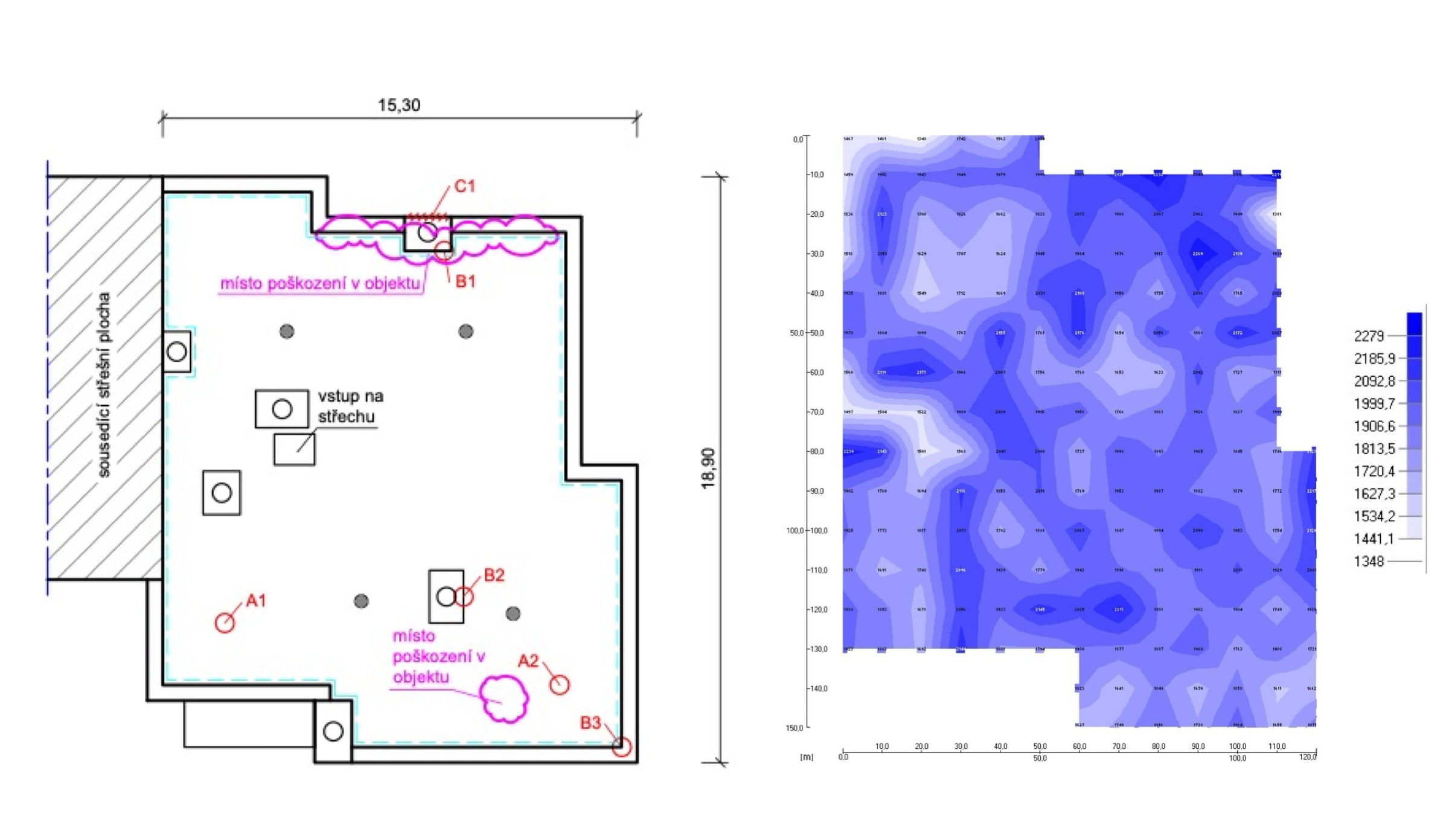 Vlhkostní mapa ploché střechy s vyznačenými místy poškození