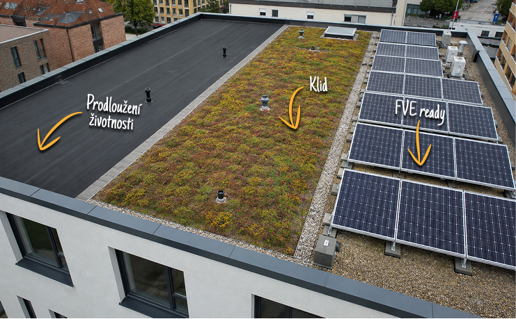 Plochá střecha s vegetační vrstvou a fotovoltaickými panely